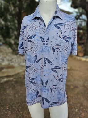 Travis Mathew Light Blue Pink Rip Current Floral Pique Polo with Navy Accents L